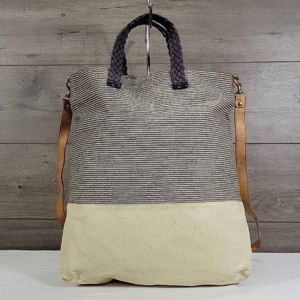 Clare V. Striped Canvas Leather Two-Tone Tote Bag with Braided Handles Backpack